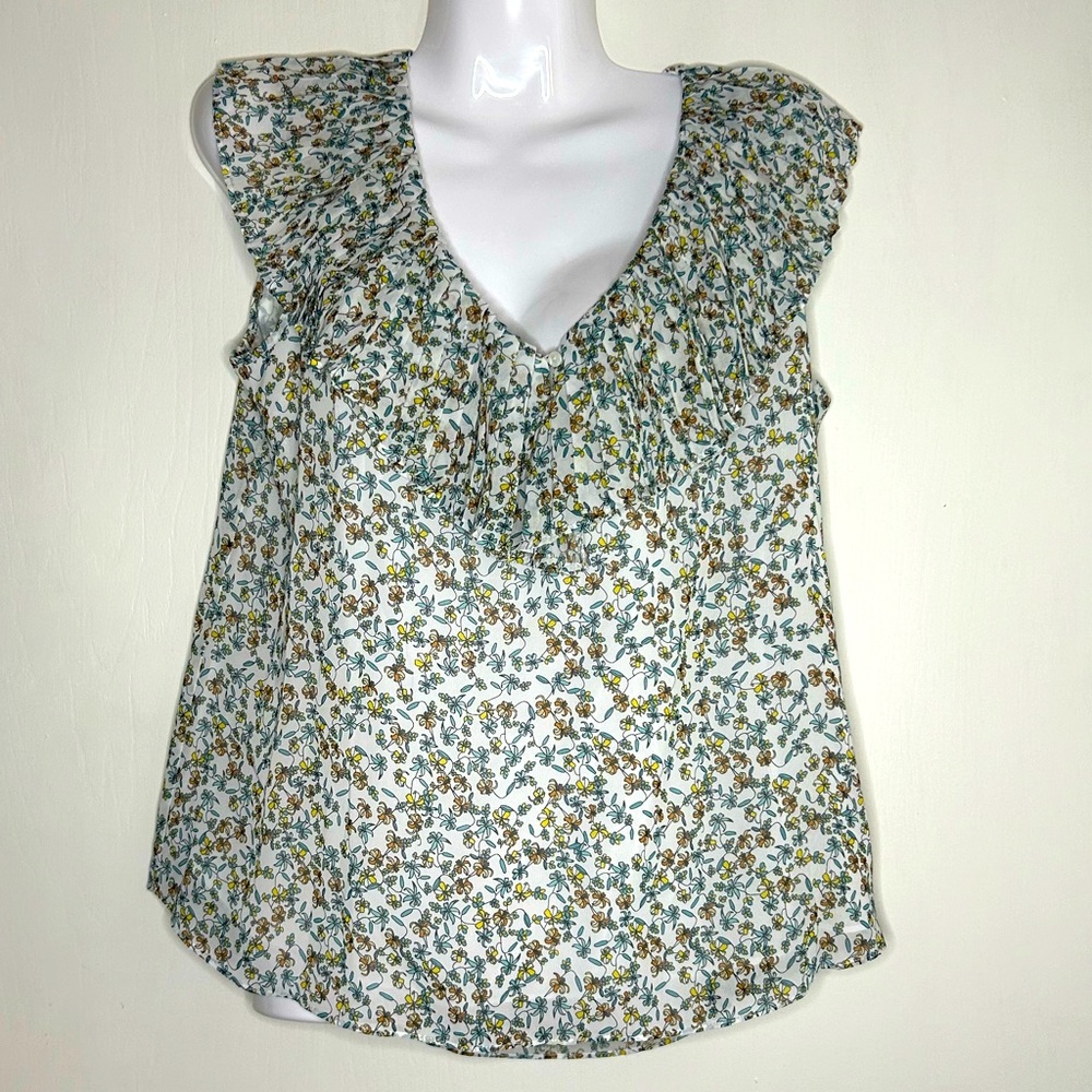 Maxi Studio Ditsy Print Blouse Size S Sleeveless Flower Boho Peasant Pleated Top